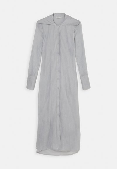 Long, button-up dress in light gray with a collar, long sleeves, and cuffed wrists. Made of textured fabric with a straight silhouette.