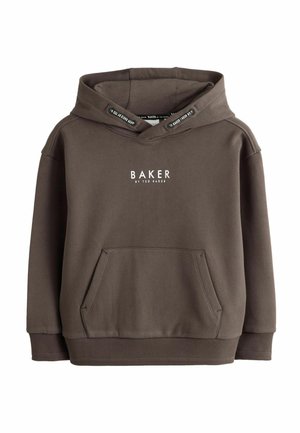 Bruine capuchonsweater met voorzak en witte ""BAKER BY TED BAKER"" tekst op de borst, met gebrande koordjes aan de kap.