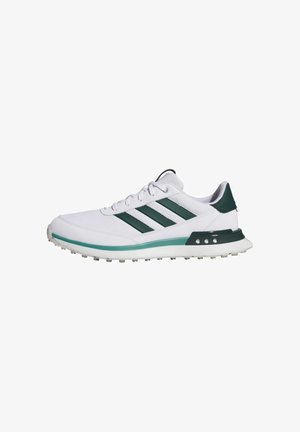 White athletic sneaker with dark green stripes, green midsole accent, and textured sole, shown from the outer side on a white background.