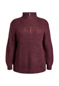 Burgundy knitted sweater with a high collar and silver zip detail. Features loose fit, soft texture, and ribbed design on sleeves and body.