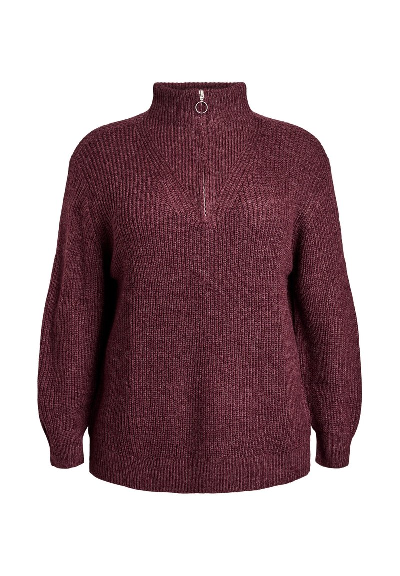 Burgundy knitted sweater with a high collar and silver zip detail. Features loose fit, soft texture, and ribbed design on sleeves and body.