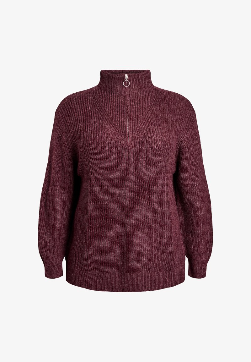 Burgundy knitted sweater with a high collar and silver zip detail. Features loose fit, soft texture, and ribbed design on sleeves and body.