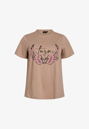 Beige cotton t-shirt with short sleeves, featuring a graphic print of wings and the text "turn it up" in black and pink.