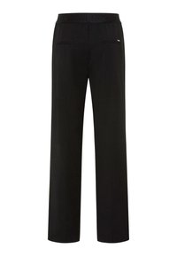 Pantalon noir à jambes droites avec taille élastique et deux poches arrière à passepoil, vu de dos.
