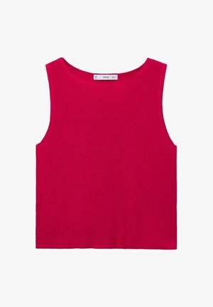 Top senza maniche di un vivace rosa, realizzato in tessuto a maglia a coste. Caratterizzato da un colletto rotondo e una vestibilità rilassata, che mette in mostra una texture liscia e morbida.