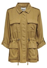 Veste kaki avec un col, deux poches poitrine, taille ajustable à cordon de serrage et manches retroussées. Fabriquée en tissu léger.