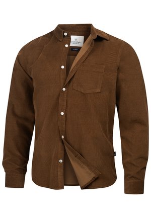 Braunes Cordhemd mit Button-Down-Kragen, langen Ärmeln, einer einzelnen Brusttasche und weißen Knöpfen. Der Stoff hat eine strukturierte, gerippte Optik.