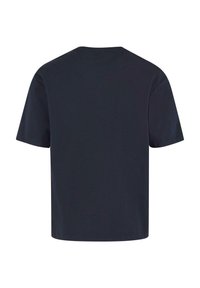 Tricou scurt din bumbac de culoare bleumarin închis, cu guler rotund și o croială lejeră, fără logo-uri sau modele vizibile.