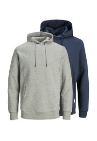 Zwei Hoodies: einer in Grau, der andere in Marineblau. Beide verfügen über eine Kängurutasche, eine Kapuze mit Kordelzug und gerippte Bündchen. Glattes Baumwollmischgewebe.