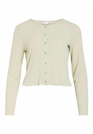 Cardigan court beige côtelé à manches longues avec col rond et fermeture à boutons sur le devant.