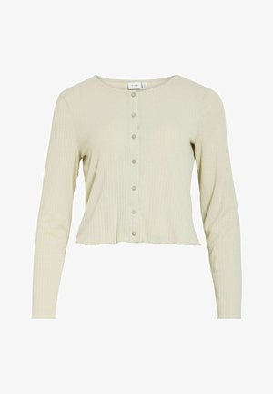 Beige ribstrikket cropped cardigan med rund halsudskæring og knaplukning foran.