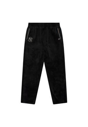 Pantalons de jogging en velours noir avec une taille élastique, deux poches latérales et un logo sur la jambe gauche. Présente des accents de zip dorés.