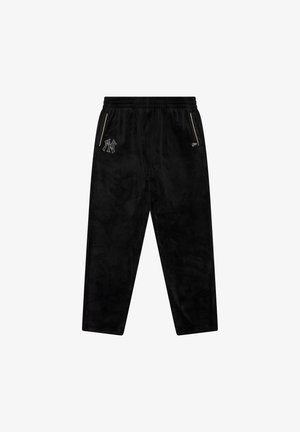 Calças de felpa pretas com cintura elástica, dois bolsos laterais e um logotipo na perna esquerda. Apresenta detalhes em zíper dourado.