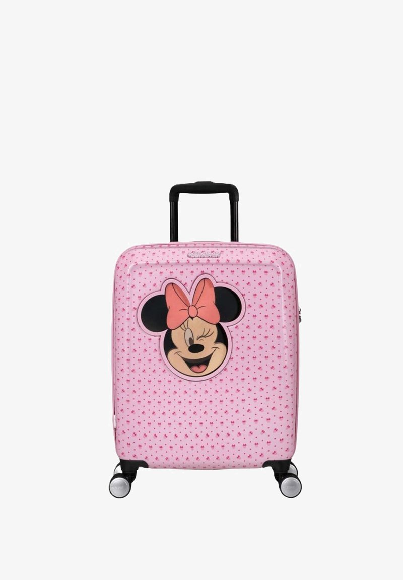 Valise rigide rose décorée du visage de Minnie Mouse avec un nœud. Ornée de petites étoiles rouges et équipée d'une poignée rétractable et de quatre roues.
