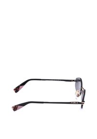 Lunettes à monture noire avec verres dégradés, fine monture en métal et branches noires avec embouts écaille et roses, vues de profil.