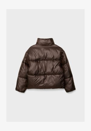 Dark brown glossy puffer jacket with horizontal quilting and stand-up collar, shown from the back on a plain light background.