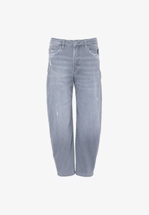 Grijze denim jeans met een rechte snit, met lichte slijtage en strategische vervaging. Klassiek vijfzak ontwerp met knoopsluiting.