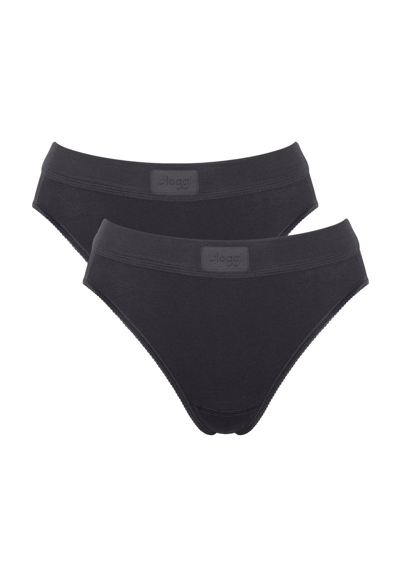 Zwarte katoenen slips, met een soepel textuur, elastische tailleband en minimalistisch design. Twee paar weergegeven, klassieke snit.