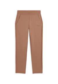 Pantalones deportivos marrones con una textura suave, cintura elástica y bolsillos laterales. Presenta un logotipo minimalista en la pierna izquierda.