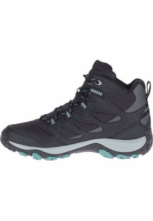 Zwarte wandelschoen met een hoog enkelontwerp, gemaakt van mesh en synthetisch materiaal, met teal accenten op de zool en een gematteerd oppervlak voor grip.