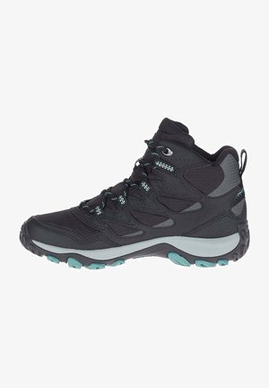 Scarpa da trekking nera con design alla caviglia alta, realizzata in materiali mesh e sintetici, dettagli in teal sulla suola e superficie testurizzata per una buona presa.