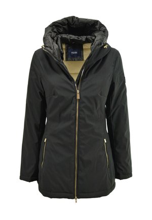 Giacca invernale nera da donna con cappuccio, cerniera frontale, tasche laterali con zip e fodera interna beige.
