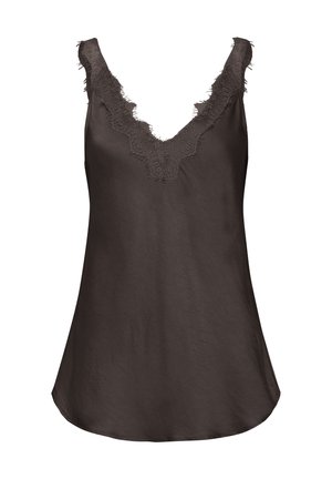 Top maro închis fără mâneci, cu decolteu în V cu dantelă și tiv ușor evazat.