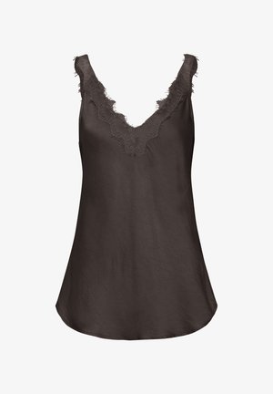 Sötétbarna ujjatlan trikóvászon csipkével díszített V-nyakkal és enyhén bővülő szegéllyel.