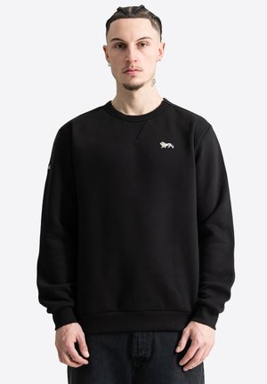 Junger Mann mit geflochtenem Haar, der einen schwarzen Pullover mit kleinem weißem Löwenlogo auf der Brust trägt, vor schlichtem Hintergrund stehend.