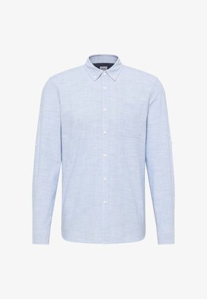 Himmelblaues Button-up-Hemd mit langen Ärmeln, einer Brusttasche und einem strukturierten Stoff. Es besitzt einen klassischen Kragen mit Knopfdetails.