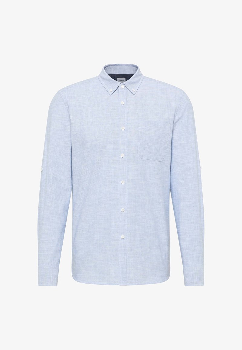 Himmelblaues Button-up-Hemd mit langen Ärmeln, einer Brusttasche und einem strukturierten Stoff. Es besitzt einen klassischen Kragen mit Knopfdetails.