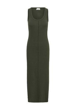 Ärmelloses, olivgrünes, figurbetontes Midikleid mit Rundhalsausschnitt und sichtbarer zentraler Naht.