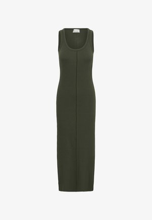 Mouwloze, kaki groene, aansluitende midi-jurk met een ronde hals en zichtbare centrale naaddetail.