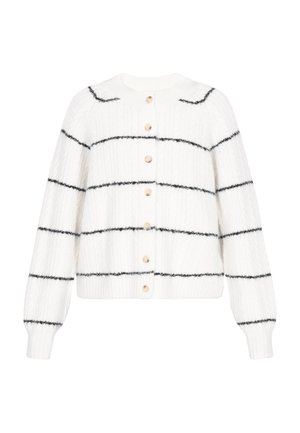 Cardigan bianco con texture a maglia grossa, caratterizzato da strisce orizzontali nere, scollatura rotonda e sei bottoni in legno frontali.