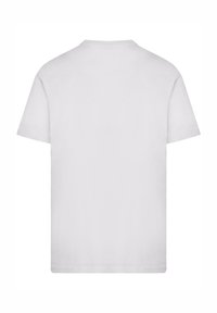 White cotton T-shirt with short sleeves, crew neck, and a plain back. Soft texture with a relaxed fit. No visible patterns or designs.