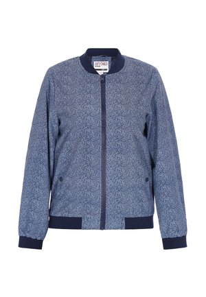 Tengeri bombázó dzseki virágmintával, bordás mandzsettákkal és szegéllyel, elülső cipzárral és két oldalsó zsebbel. Sima szövettextúra.