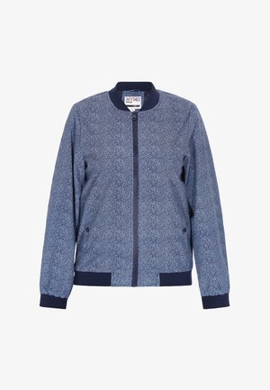 Marineblauer Bomberjacke mit floralen Mustern, gerippten Bündchen und Saum, Frontreißverschluss und zwei seitlichen Taschen. Glatte Stofftextur.