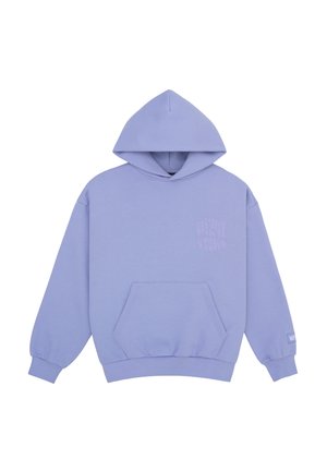 Pastel purple hoodie with front kangaroo pocket, long sleeves, and subtle embossed text on chest and sleeve cuff.