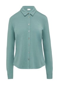 Lichtblauw button-up shirt met een kraag, lange mouwen en een gladde, zachte textuur. Heeft een rij van zeven knopen aan de voorkant.