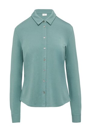 Chemise boutonnée de couleur teal clair avec un col, des manches longues et une texture lisse et douce. Présente une rangée de sept boutons sur le devant.