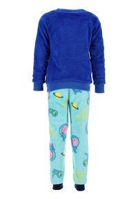 Sudadera de polar azul de manga larga; pantalones de pijama azul claro con patrones coloridos de temática espacial. Tejido suave y acogedor con cintura elástica.