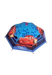 Blue umbrella featuring Lightning McQueen character from Cars with "Lightning Speed" text and red tips on the spokes.