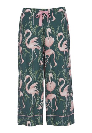 Gemusterte Schlafanzughosen mit Flamingos in dunkelgrünem Stoff. Sie zeigen pinkfarbene Flamingos und Blätter, mit einem pinken Kordelzug und Paspeldetails.
