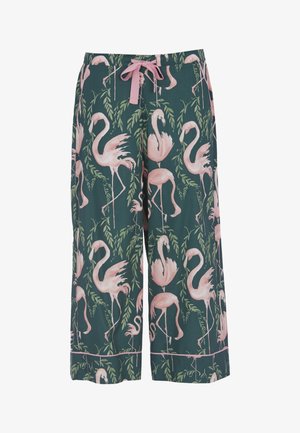 Flamingo-patterned pajama pants in dark green fabric. Features pink flamingos and leaves, with a pink drawstring and piping details.