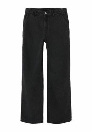 Jeans neri a vita alta con gamba larga, chiusura con bottoni e cerniera frontale, tasche laterali e passanti per cintura, esposti su sfondo bianco.