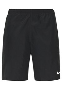Schwarze Sportshorts aus leichtem Material, mit einem elastischen Bund und einem kleinen weißen Nike-Logo auf der unteren rechten Seite.