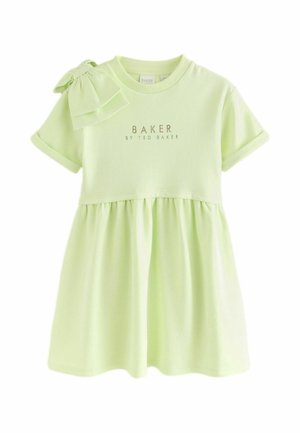 Hellgrünes Kleid mit tailliertem Oberteil und ausgestelltem Rock. Verfügt über kurze Ärmel und ein Schleifendetail an der Schulter. "BAKER"-Logo auf der Vorderseite.