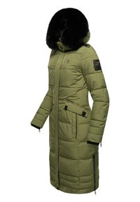 Long, padded olive green parka with a fur-lined hood, zippered side pockets, and adjustable cuffs. Features logo patch on the sleeve.