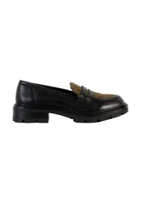 Black leather loafers with a brown suede accent, rounded toe, and chunky rubber sole featuring a tread pattern. Decorative strap across the vamp.