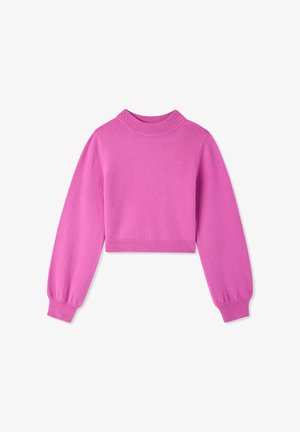 Cropped sweter w jasnoróżowym kolorze, z długimi, bufiastymi rękawami i prążkowanym okrągłym dekoltem. Miękka tekstura na całej powierzchni, z elastycznymi mankietami.